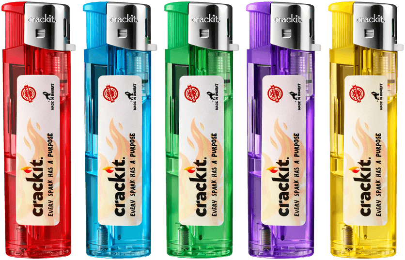 Crackit refillable lighters in five colors — red, blue, green, purple and yellow